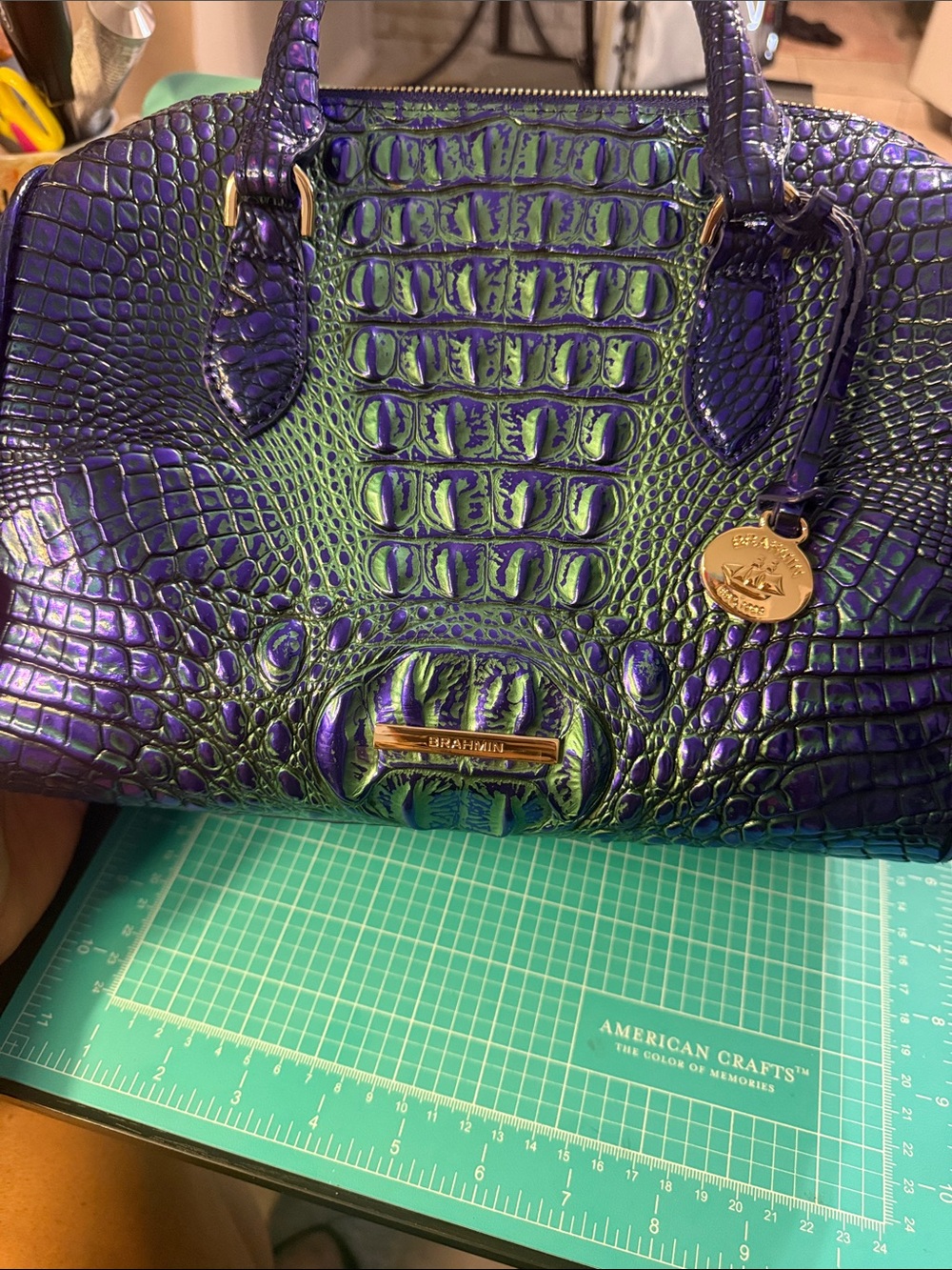 Brahmin Iridescent Purple and Green Croc-Embossed Satchel